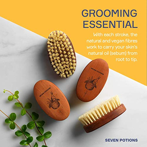Seven Potions Vegan Beard Brush for Men  100% Sisal Plant Fibre & Pear Wood  Firm Bristles to Gently Tame/Soften/Exfoliate  100% Natural, Non-Synt