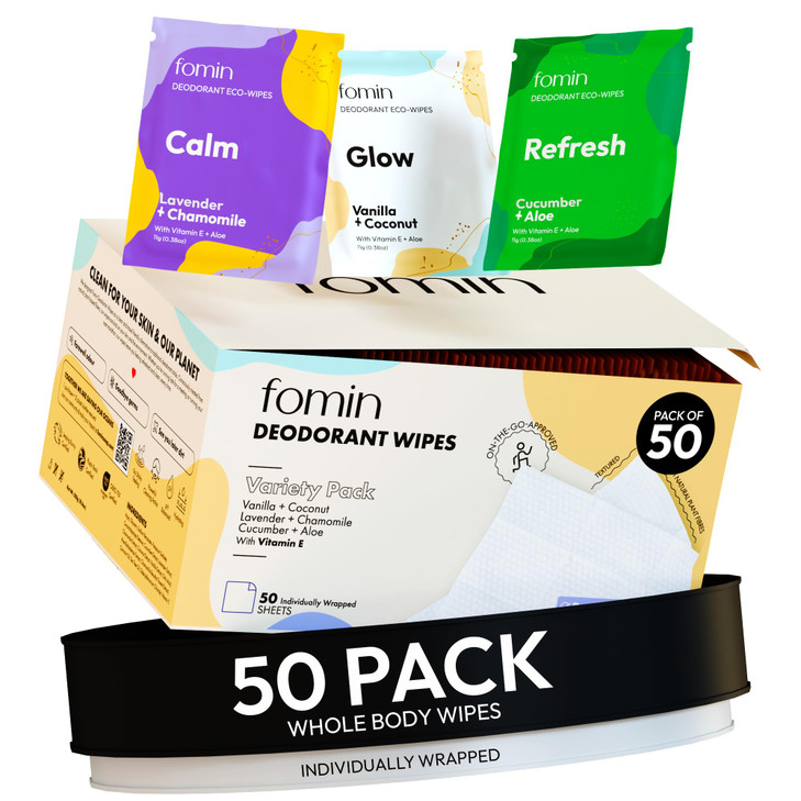 FOMIN Travel Deodorant Wipes - 50 Count - Variety Pack - pH Balanced, Hypoallergenic Mini Deodorant Wipes For Women and Men - Plastic-Free, Individua