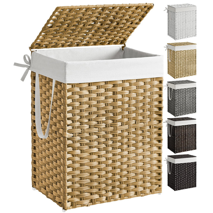 SONGMICS Laundry Hamper with Lid, 23.8 Gallon (90 L) Synthetic Rattan Clothes Laundry Basket with Lid and Handles, Foldable, Removable Liner, Goose Y