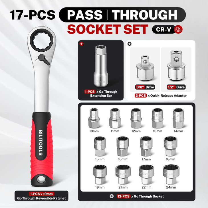 BILITOOLS 17PCS 3/8" & 1/2 Pass Through Socket Set, 2-In-1 Conversion For Standard Ratchet/Pass-Through Ratchet, Pass Thru Go Through Mechanics Tools