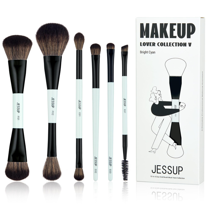 Jessup Makeup Brush Set 6pcs Double Sided Makeup Brushes Foundation Contour Blush Highlight Blending Eyebrow Brush Eyeshadow Brush, Vegan Fiber Make