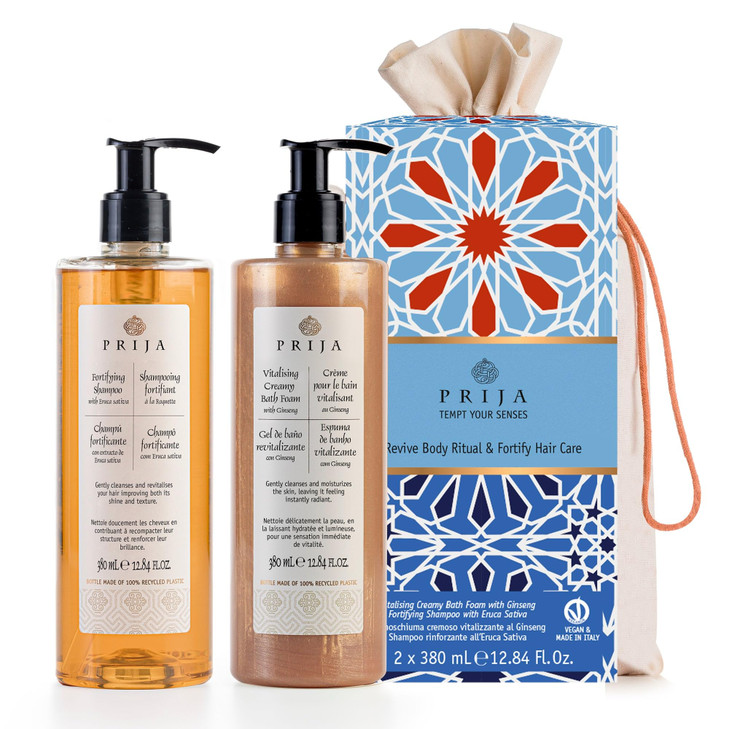 Prija Hair and Body Gift Pack (Includes Vitalizing Creamy Bath Foam with Ginseng and Fortifying Shampoo with Eruca Sativa) - Vegan Friendly - Dermato