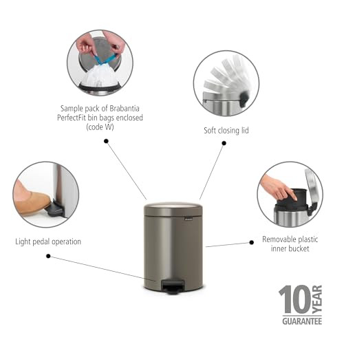 Brabantia Step-On XS Trash Can | Platinum | 1.3 Gallon / 5L | Bathroom, Bedroom, Office Trash Can with Light Pedal Opening, Handle & Removable Inner
