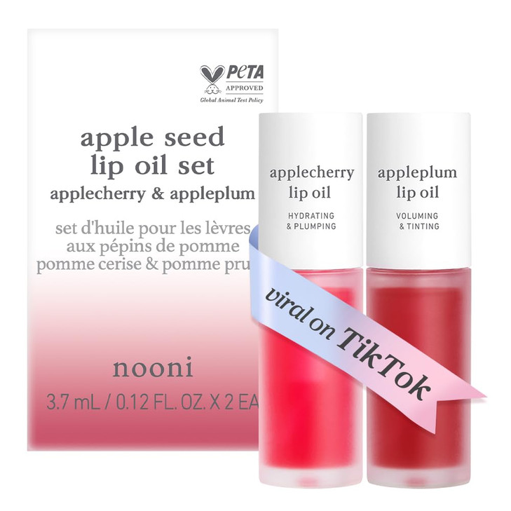 NOONI Vegan Appleseed Lip Oil Set - Applecherry & Appleplum | Long-Lasting, Moisturizing, Plumping, Revitalizing for Dry Lips, Waterproof, No Peel Of