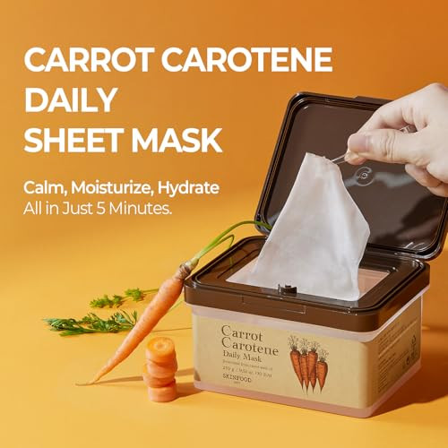 SKINFOOD Carrot Carotene Daily Sheet Mask, Korean Skincare Hack, 5-Minute Quick Hydrating, Soothing & Moisturizing Face Mask for Dry Skin, Glass Skin