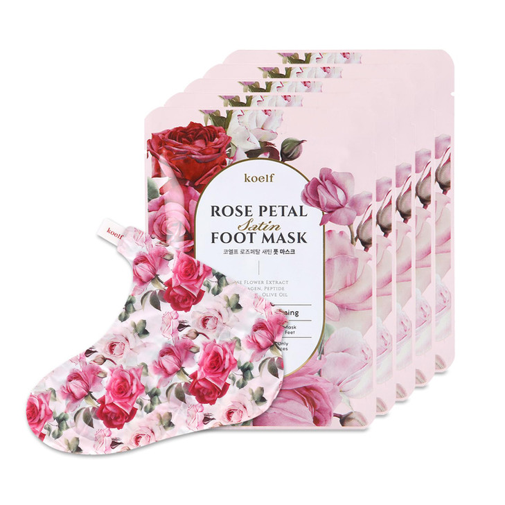 koelf Rose Petal Satin Foot Mask (5pairs) - Korean Skin Care, Intensive Nourishing Socks, Rose Scented Foot Repair Masks with Peptide, Collagen, Shea