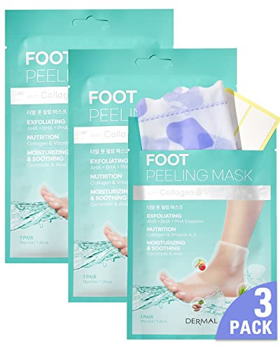 DERMAL KOREA Foot Peeling Mask 3 Pack For Dry Foot And Cracked Heel & Callus With Aloe Vera And Collagen - Exfoliating Peel Mask With Aha, Bha, & Pha