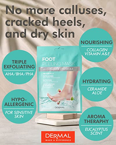 DERMAL KOREA Foot Peeling Mask 3 Pack For Dry Foot And Cracked Heel & Callus With Aloe Vera And Collagen - Exfoliating Peel Mask With Aha, Bha, & Pha