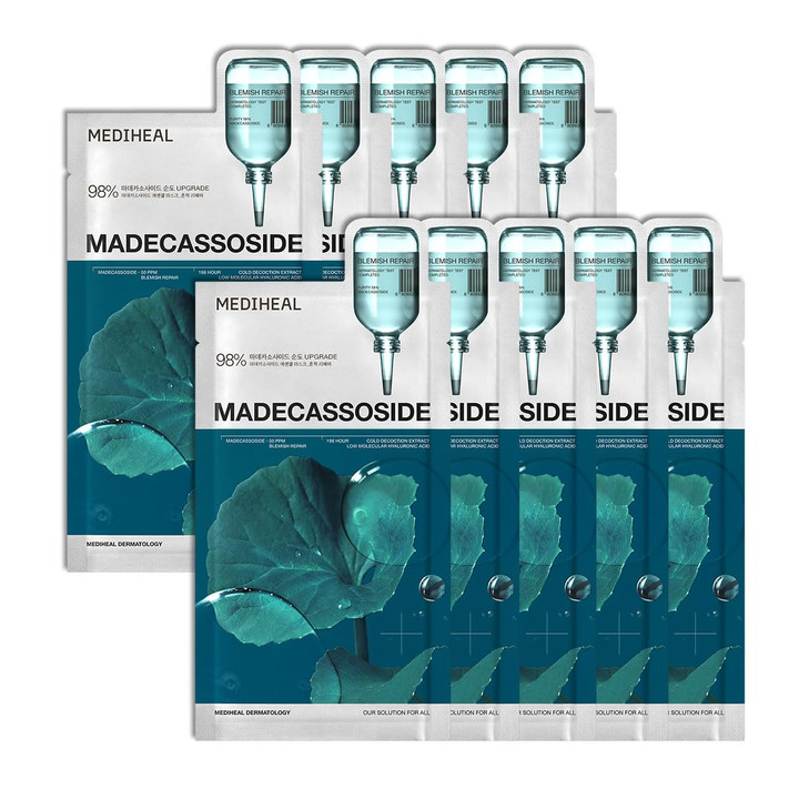 Mediheal Essential Face Mask [Madecassoside] Blemish Repair 10 pcs. with 98% Purity Madecassoside & Hyaluronic Acid - Soothing Care, Hydrating- Trave