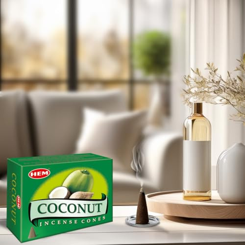 Hem Coconut Incense Cones  Case of 12 Boxes (10 Cones Each) | Sweet Tropical Aroma for Relaxation, Positivity & Freshness | Natural Handcrafted Cone