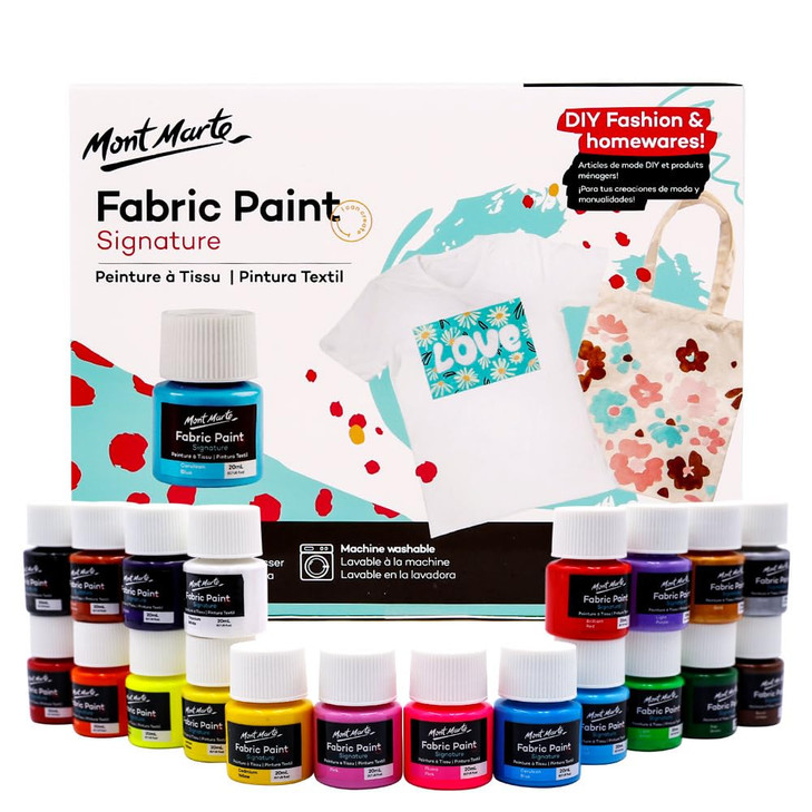 Mont Marte Signature Fabric Paint, 20pc x 0.7oz (20ml), Suitable for DIY Fashion and Homewares