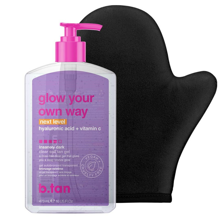 b.tan Best Clear Self Tanning Gel Kit | Glow Your Own Way Bundle - Ultra Dark, Quick Express Tanner for Face & Body with Applicator, No Transfer (Ult