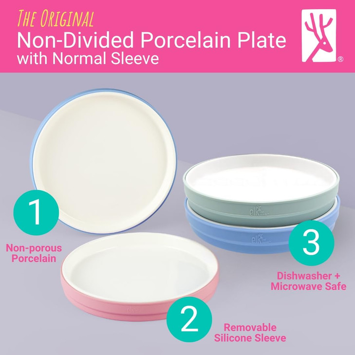 Elk and Friends Kids 7.8 Porcelain White Plates with Silicone Sleeves | Suitable for Babies/Toddlers | Microwave & Dishwasher Safe | Non Slip Dinner