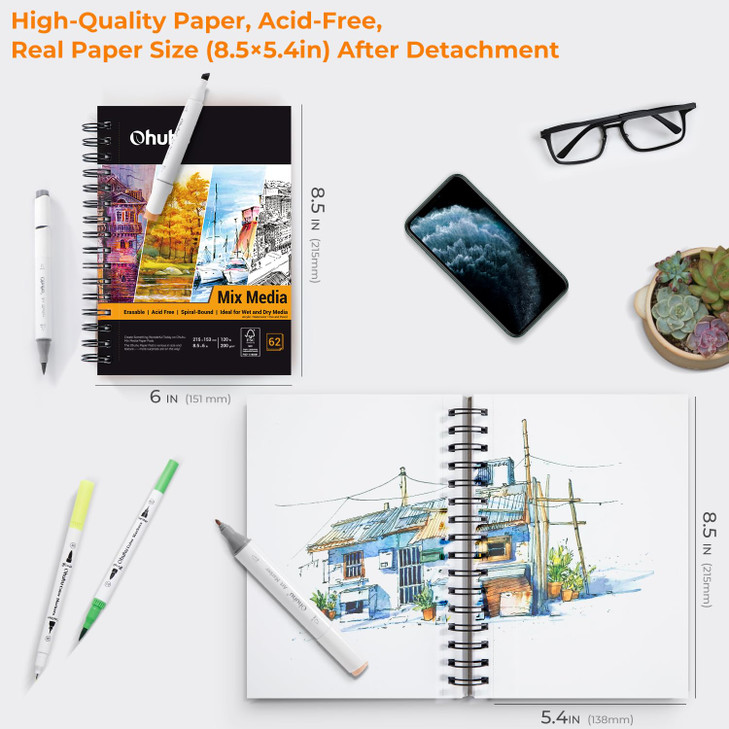 Ohuhu Mix Media Pad, 5.5" x 8.5" Mixed Media Art Sketchbook, 120 lb/200 GSM Heavyweight Papers, 62 Sheets/124 Pages, Spiral Bound Mixed Media Paper P