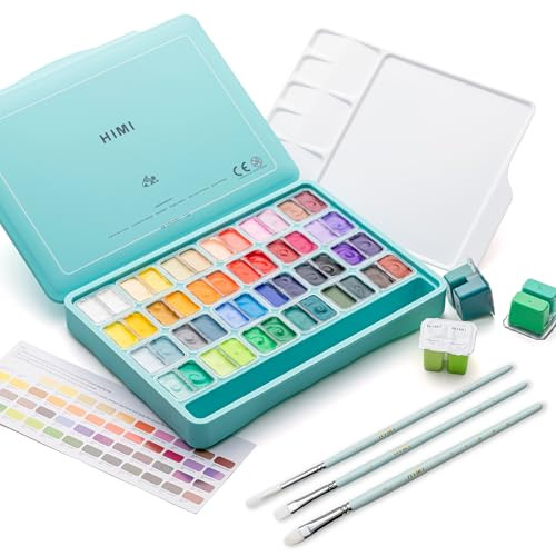 HIMI Twin Cup Jelly Gouache Paint Set with 3 Paint Brushes, 48 Colors 12g, Jelly Cup Design, Non Toxic Paint for Canvas and Paper, Art Supplies for P