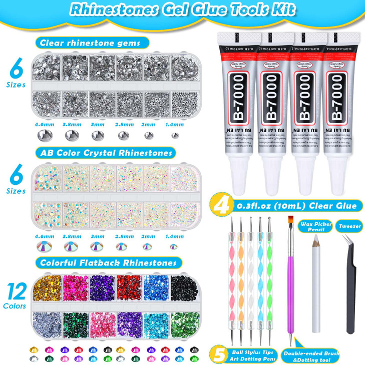 shynek B7000 Jewelry Glue with Rhinestones for Crafts, 6300Pcs Rhinestones with Gems Adhesive for Shoes Cloth Fabric with Picker Pencil for Crafting