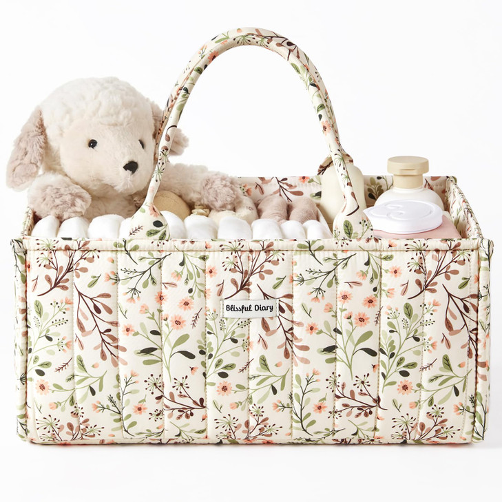 Blissful Diary Floral Diaper Caddy Organizer, Stylish Nursery Storage Basket, Diaper Bag,Gift for Baby Shower, Baby Registry Must Have, Newborn Essen