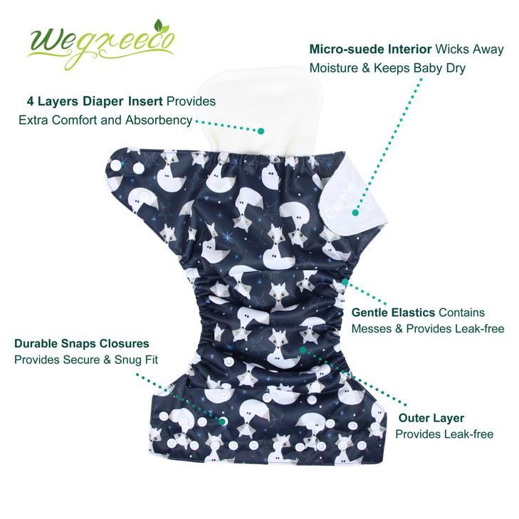 wegreeco Cloth Diapers 6 Pack with 6 Inserts & 1 Wet Bag, Washable Cloth Diapers for Babies, One Size Adjustable Reusable (Cool Animals)