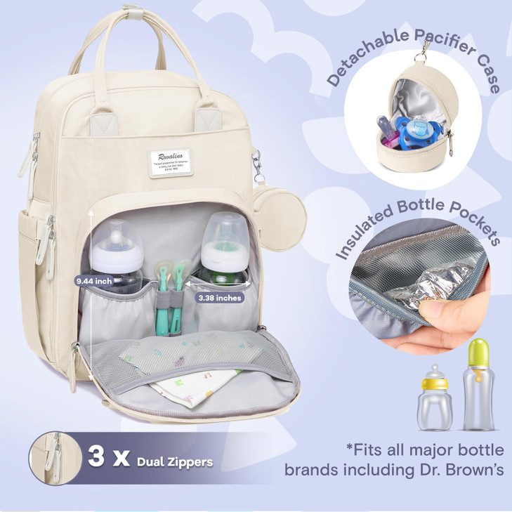 RUVALINO Diaper Bag Backpack-Multifunction Baby Travel Bag with Changing pad, Insulated Bottle Holders & Pacifier Case, Large Capacity, Waterproof, B