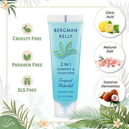 Bergman Kelly - Travel Size 2 in 1 Shampoo & Conditioner - 0.5 fl oz, 200 PK, Tropical Waterfall - Delight Your Guests w/Invigorating & Refreshing Sh