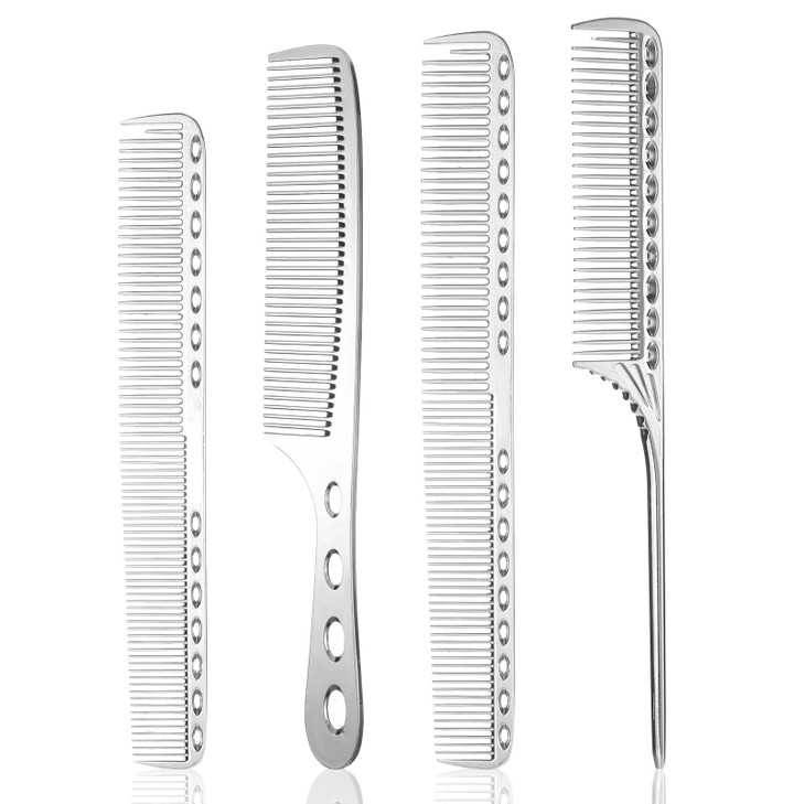 4 Types Metal Combs Professional Aluminum Dressing Comb for Hair Styling,Included Hair Cutting Comb,Metal Rat Tail Comb,Detangling Comb,Handle Comb f