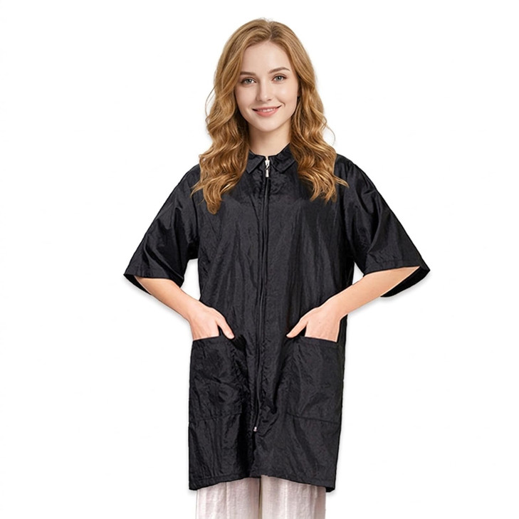 TopTie Nylon Salon Hairstylist Smock Barber Haircut Jacket, Dog Pet Grooming Work Shirt Uniform with Zip Closure-Black-XL