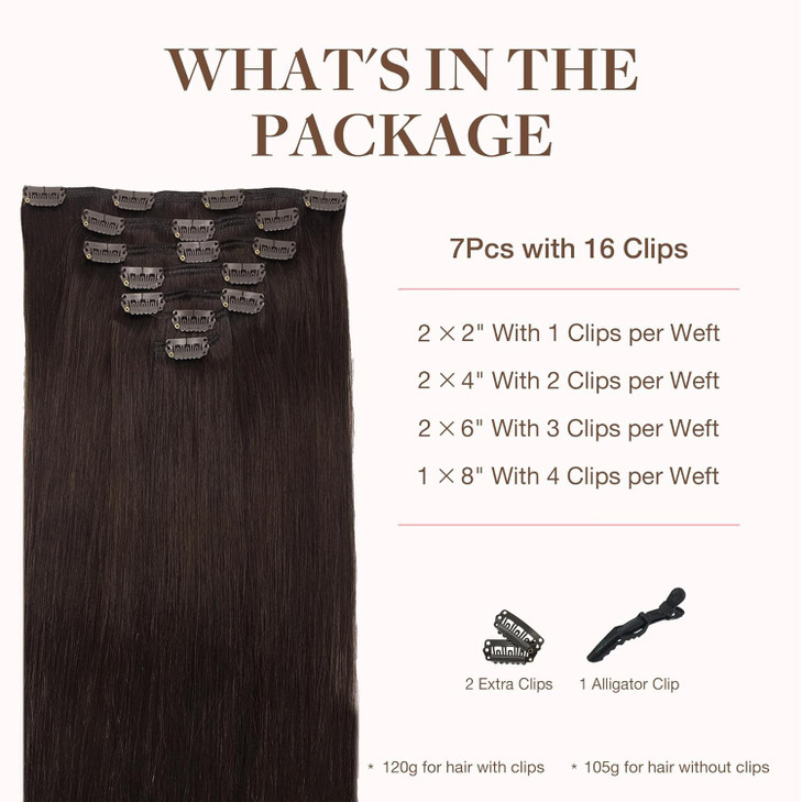 GOO GOO Clip in Hair Extensions Real Human Hair, Remy Human Hair Extensions Clip ins for Women, Natural Human Hair, 16inch 120g 7Pcs, 2A Light Brown