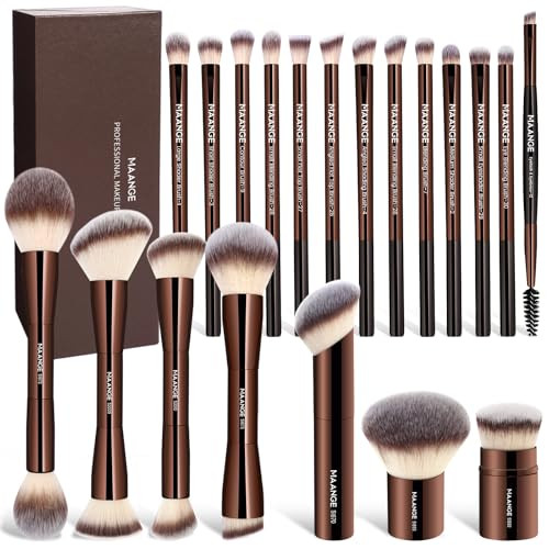 MAANGE 20 Pcs Makeup Brushes with Gift Box, Double-End Multi-functional Makeup Brushes for Blending Liquid Powder Concealer Cream Blush Buffe,CoffeeB