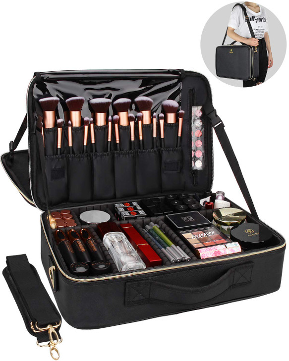 Relavel Makeup Case Large Makeup Bag Professional Train Case 16.5 inches Travel Cosmetic Organizer Brush Holder Waterproof Makeup Artist Storage Box,