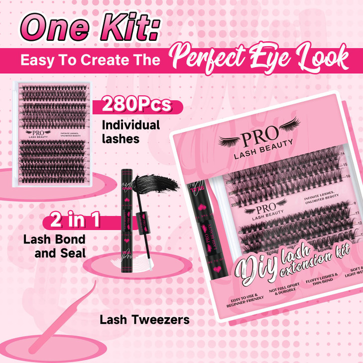 Lash Clusters Kit 280 Pcs Cluster Lashes 30D+40D Lash Extension Kit with Lash Bond and Seal Waterproof Lash Applicator Individual Lashes Apply at Hom