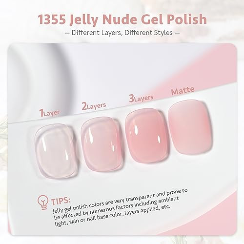 GAOY Sheer Pink Nude Gel Nail Polish, 16ml Jelly Neutral Peach Translucent Color 1355 UV Light Cure Gel Polish for Nail Art DIY Manicure and Pedicure