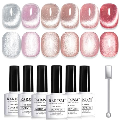 RARJSM Cat Eye Gel Nail Polish Set 6 Pcs Magnetic Sparkle Diamond Glitter Nude Pink Light Purple Red Silver Sheer Pink Velvet Ice Jelly Gel Polish wi