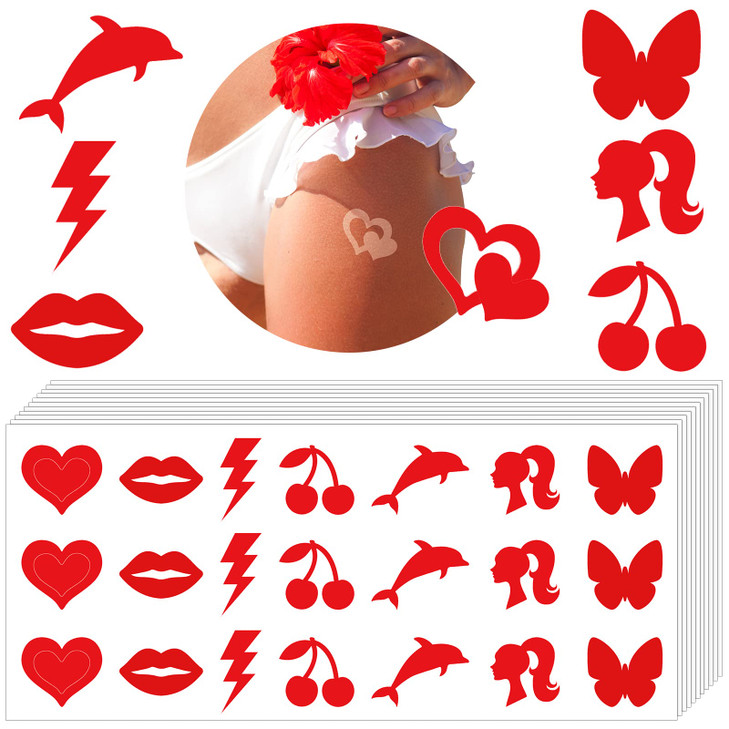 Chinco 210 Pieces Multi-Style Tanning Stickers Self Adhesive Tanning Sunbathing Body Stickers Mixed Pattern, Heart, Butterfly, Dolphins, Waterproof,
