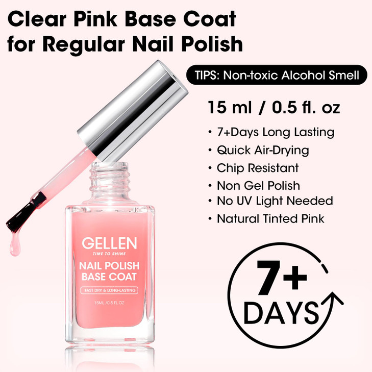 GELLEN Clear Nail Polish Base Coat Sheer Tinted Pink, Natural Color Regular Nail Polish, Calcium Formula Strengthens Nails, Enhances Natural Look, Qu