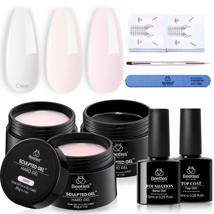 Beetles Builder Gel for Nails-3 Colors 9 in 1 Nail Extension Sculpting Building,Clear Nude Pink Hard Gel Kit with Base Top Coat for Pros Women,UV & L