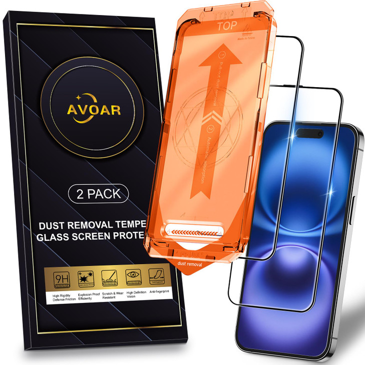 AVOAR 2 Pack for iPhone 16 Screen Protector, [Automatic Dust Removal] [Drop Protection] 9H Full Screen Tempered Glass for iPhone 16 6.1" Bubble Free,