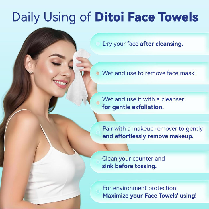 Ditoi Disposable Face Towels XL, Soft Cotton Facial Cleansing Cloths, Dry Face Towelettes for Makeup Removal, Sensitive Skin & Daily Skin Care,10"×12