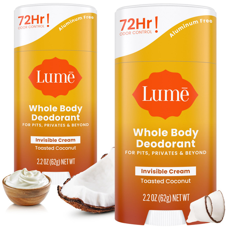 Lume Whole Body Deodorant - Invisible Cream Stick - 72 Hour Odor Control - Aluminum Free, Baking Soda Free, Skin Safe - 2.2 Ounce (Pack of 2) (Toaste