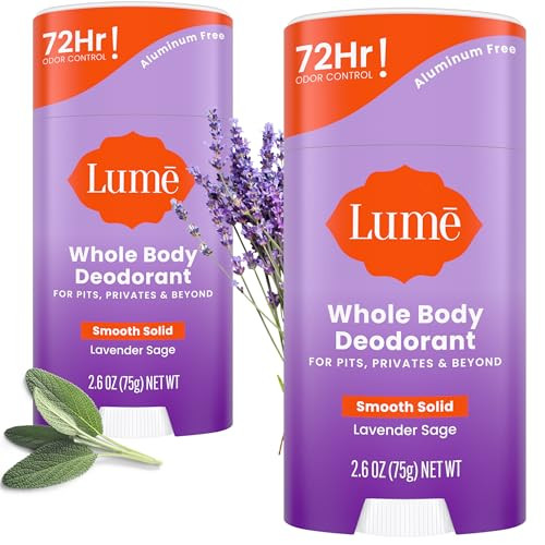 Lume Whole Body Deodorant - Smooth Solid Stick - 72 Hour Odor Control - Aluminum Free, Baking Soda Free and Skin Safe - 2.6 Ounce (Pack of 2) (Lavend