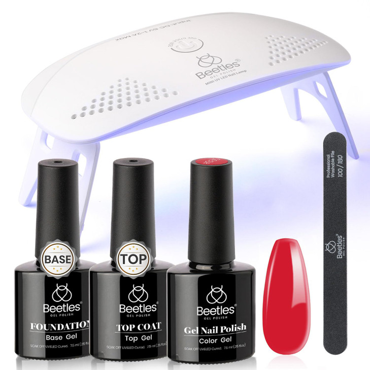 Beetles Red Gel Nail Polish Kit with UV LED Light and Base Top Coat Starter Kit Soak Off Red Gel Polish Set with Lamp Nail File for DIY at Home Manic