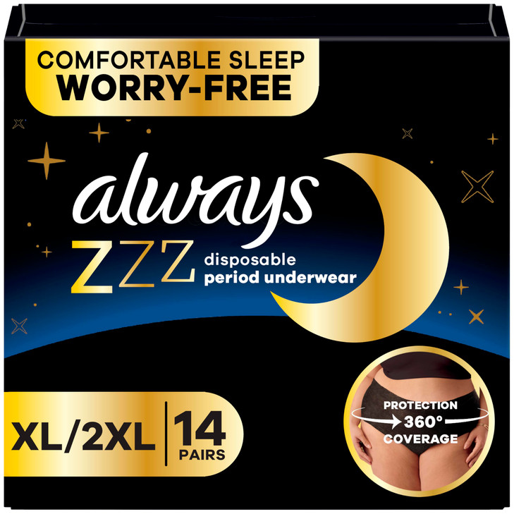 Always ZZZ Overnight Disposable Period Underwear for Women Extra Large/2LX, 360° Coverage for Worry-Free Nights, 14 Count (2 Packs of 7)