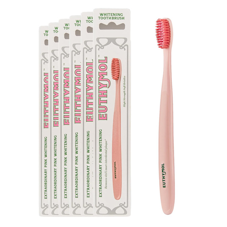 Euthymol Whitening Toothbrush (Pink, 6 Count) - Premium Soft Dual-Tension Bristles. Advanced Plaque Removal, Stain Reduction.