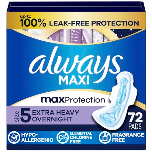 Always Maxi Overnight Pads with Wings, Size 5, Extra Heavy Overnight, Unscented, 72 Count