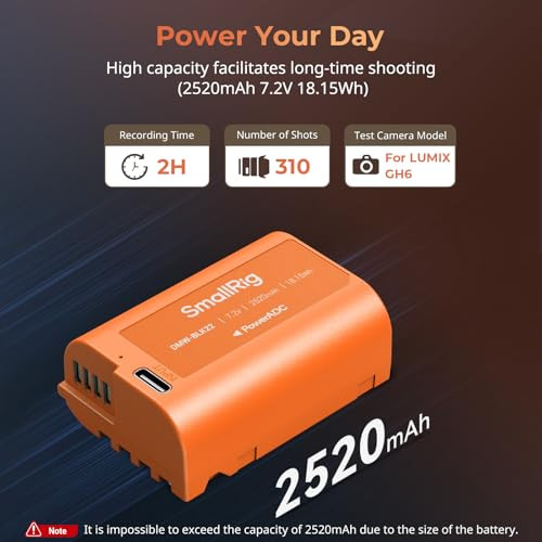 SMALLRIG 2520mAh Replacement USB-C Battery for Panasonic DMW-BLK22, 2.5H Fully Charged, for Panasonic LUMIX GH5 / S5, for LUMIX G5 II, S5 IIX, GH7, G