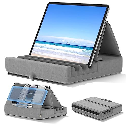 KDD Tablet Pillow Holder, Foldable iPad Stand for Lap, Bed and Desk -Tablet Soft Pad Dock with Pocket & Stylus Mount Compatible with iPad Pro 12.9, 1