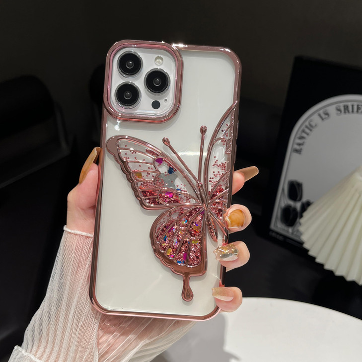 AuroiCCY for iPhone 16 Plus Case Cute Bling Glitter Girly Butterfly, Luxury Electroplate Flowing Liquid Aesthetic Women Cover with Bling Wrist Strap