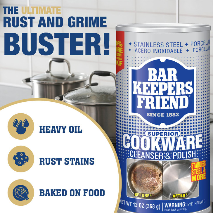 Bar Keepers Friend Cookware Cleanser & Polish (2 x 12 oz) Stainless Steel Cleaner & Degreaser for Pots, Pans, Bakeware & Grills - Removes Sticky Resi