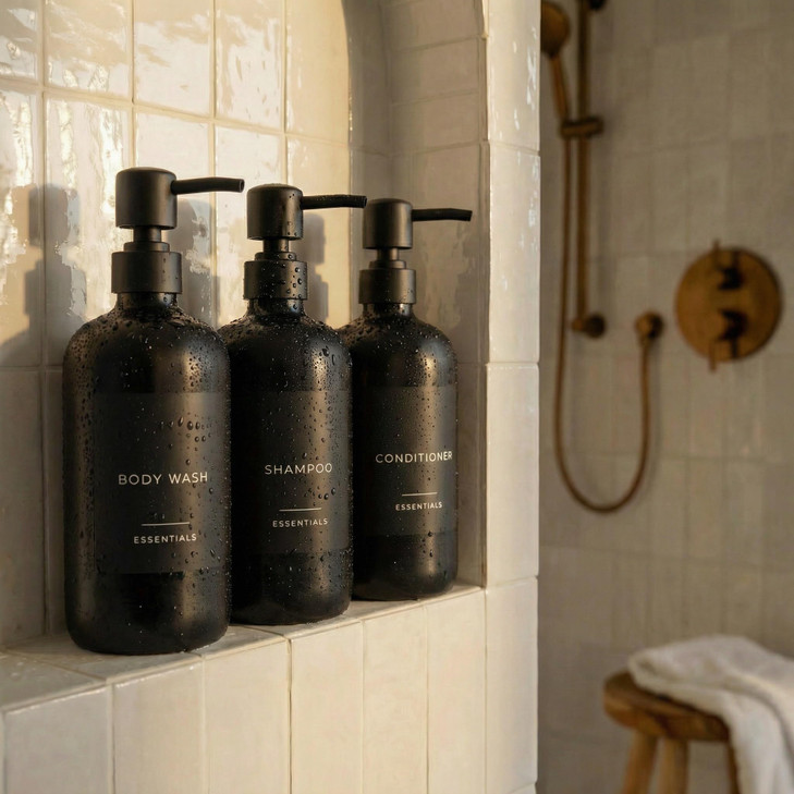 Stylish Shampoo and Conditioner Dispenser Set of 3 - Modern 21oz Shower Soap Bottles with Pump and Labels - Easy to Refill Body Wash Dispensers for a