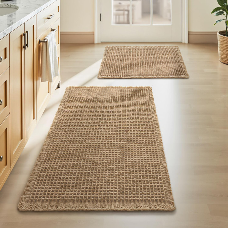 Upgraded Waffle Bath Mat Set of 2, Super Absorbent Non Slip Bath Mats for Bathroom Floor, Machine Washable Boho Bathroom Rugs Set 2 Piece with Tassel