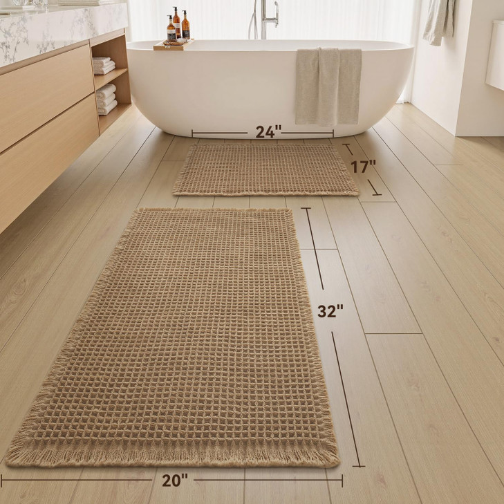 Upgraded Waffle Bath Mat Set of 2, Super Absorbent Non Slip Bath Mats for Bathroom Floor, Machine Washable Boho Bathroom Rugs Set 2 Piece with Tassel